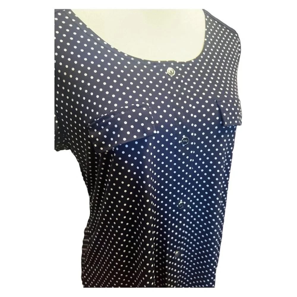 Diana Belle dark navy and white polka dot stretchy shirt size small EUC - Picture 4 of 7